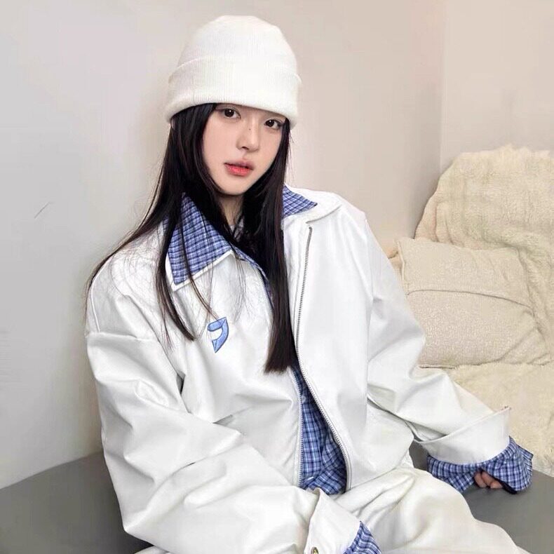 网络图现货美式复古假两件格子拼接皮衣春秋休闲外套JW27-P75,男装皮衣,星座715-7