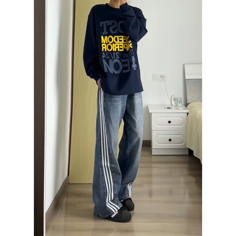 水洗条纹三条杠牛仔裤美式高街直筒阔腿裤子NZ9053特P48,男装牛仔裤,星座908-1