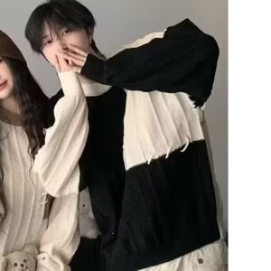 M212-P47 休闲套头常规情侣装拼接撞色毛衣男女针织衫长袖图片