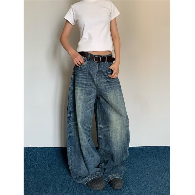 美式复古阔腿弯刀牛仔裤春秋设计感水洗宽松垂感拖地裤NK7095-P52，男装牛仔裤，星座208-5