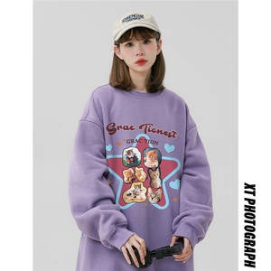 中性风23新款秋季时尚百搭宽松卡通印花情侣套头卫衣W1032P30控48图片