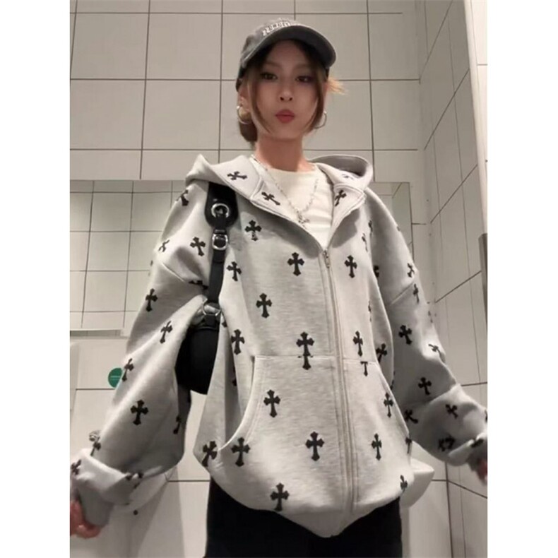 美式复古十字架印花2025新款连帽卫衣男女W3092常规P53加绒P58,男装卫衣,四季星座505
