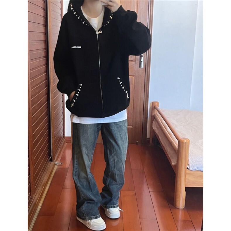 钉珠连帽开衫卫衣外套女2025新款秋冬美式高街复古宽松小众设计感,女装短外套,星座506A