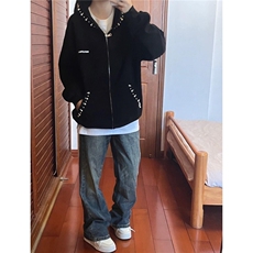 钉珠连帽开衫卫衣外套女2025新款秋冬美式高街复古宽松小众设计感，女装短外套，星座506A