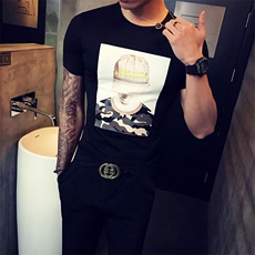 夏季新款短袖t恤流夜店印花体恤衫修身男衣服A313-T，男装T恤，电商A313