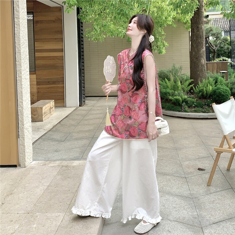 新中式国风盘扣立领衬衫女2025夏季新款时尚洋气印花老钱风上衣潮,女装蕾丝衫/雪纺衫,浙宝069