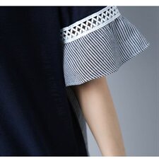 新款韩国版型木耳边短袖蕾丝纯棉撞色条纹T恤930款，女装T恤，秋牧寒烟