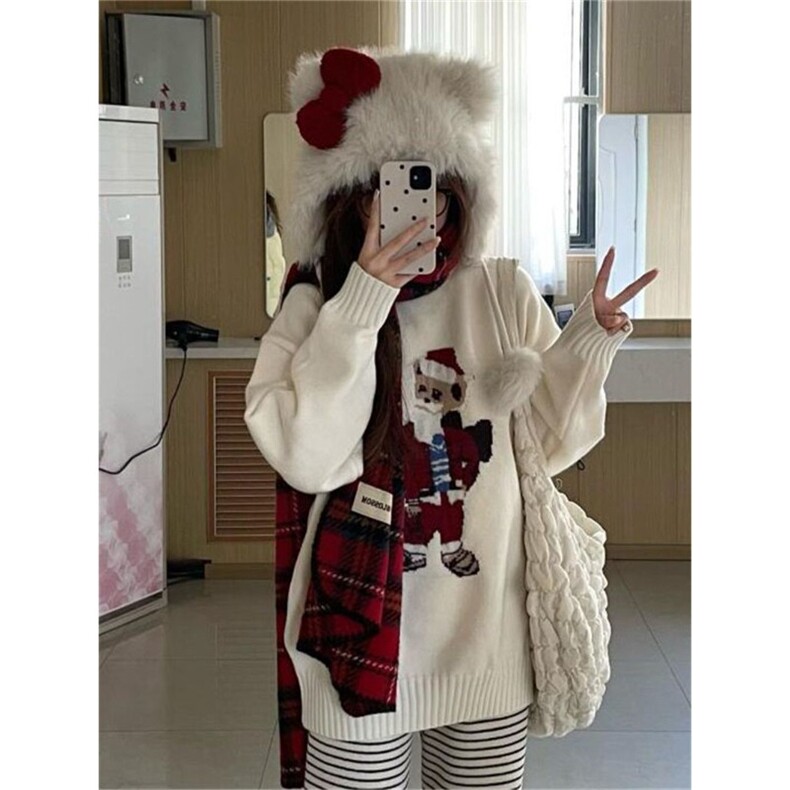 甜美慵懒风圣诞老人提花套头毛衣女学生秋冬奶呼呼宽松加厚针织衫,男装针织衫/毛衣,星座506A