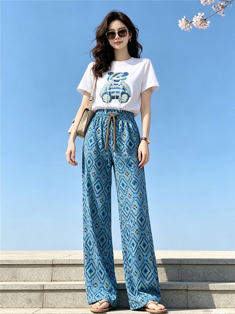 韩版减龄休闲时尚简约套装女夏季新圆领镶钻小熊短袖阔腿裤两件套,女装套装/套裙,江南