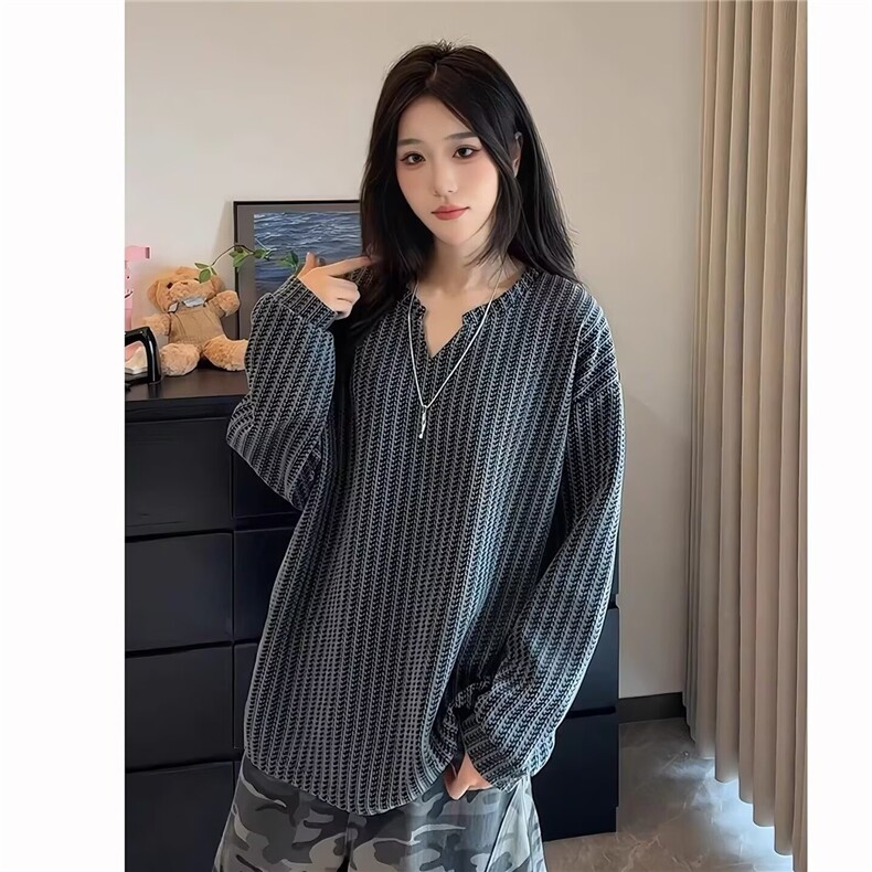 X3273-P36 秋季新款修身正肩打底衫女百搭拼接假两件V领图片
