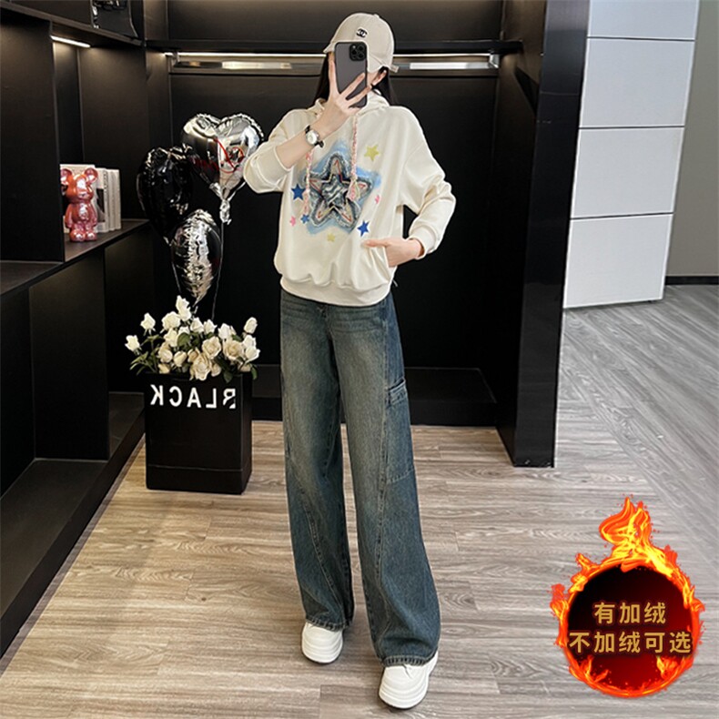 时尚显瘦加绒印花连帽卫衣牛仔裤两件套,女装套装/套裙,江南