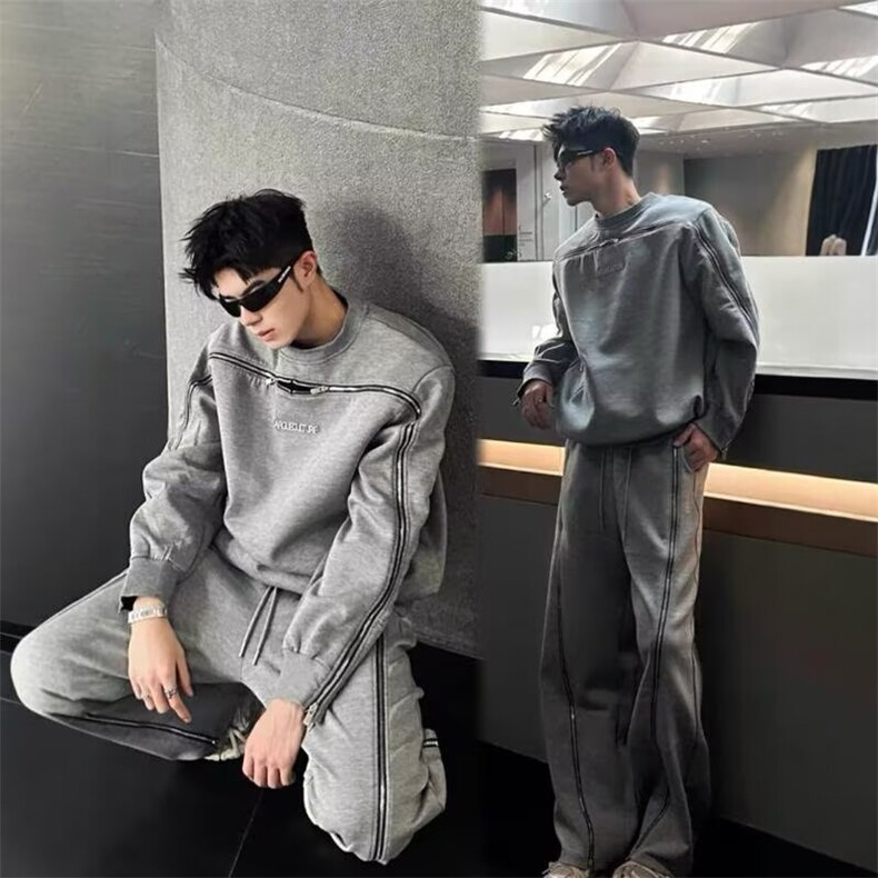 网络图现货百搭圆领简约拉链基础休闲无帽男卫衣RW18-P105，男装卫衣，星座1005-6