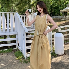 清冷感黄色无袖背心连衣裙女2025夏季新款韩系度假风收腰显瘦长裙，女装连衣裙，2C159