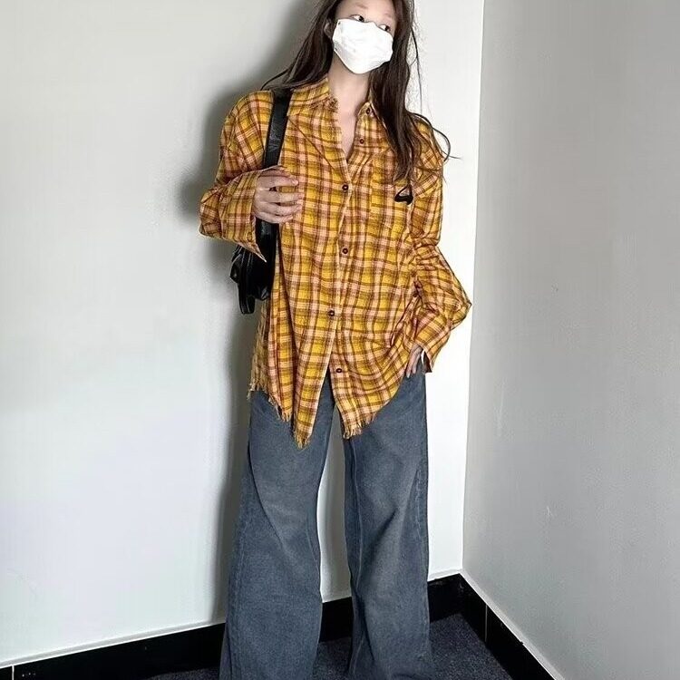2025美式复古多巴胺黄色格子衬衫男女高街衬衣开衫长袖外套上衣图片