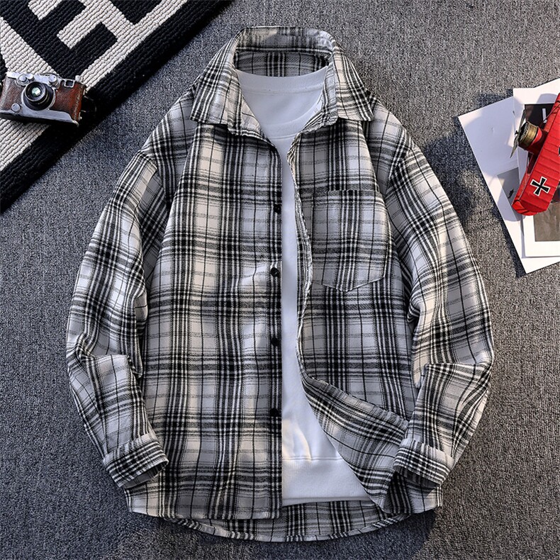 韩版潮流复古格子大码翻领长袖衬衫内搭外套C2196-P28【特价】，男装衬衫，电商A007