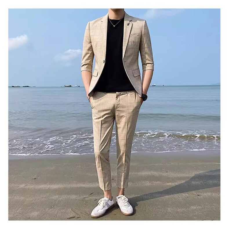 夏季格子款西服两件套礼服中袖短袖男装西服套装W2106-P195,男装西服,星座1012