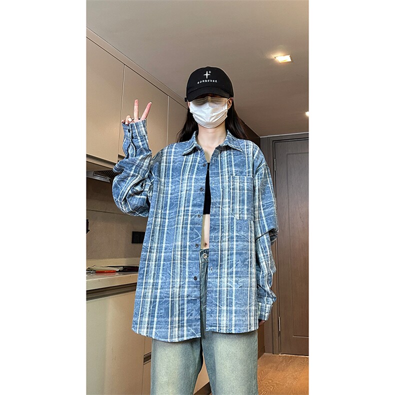 现货复古晕染格子长袖衬衫女高级感慵懒风外套男C19-P50控78,男装衬衫,星座205-5