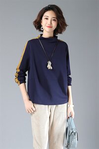 2021春秋装新款文艺条纹撞色高领打底衫韩版休闲t恤女长袖宽松图片