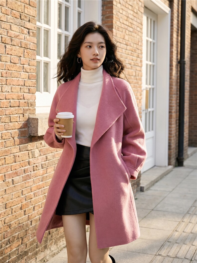 韩系泡泡袖双面毛呢外套女新款气质中长款外套,女装双面呢大衣,天品羊绒工厂
