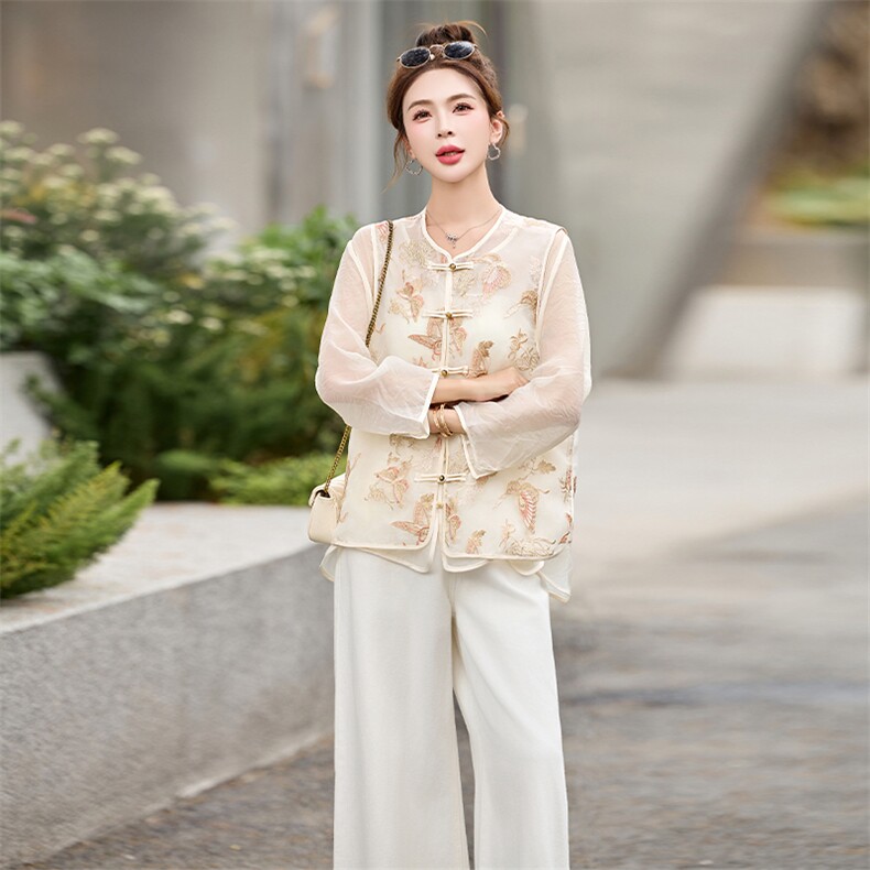 新中式国风刺绣马甲衬衫两件套女夏2025新款宽松漂亮薄款防晒上衣,女装套装/套裙,采品优优