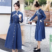 时尚显瘦牛仔连衣裙女长袖修身气质淑女风裙子，女装连衣裙，秋水欣儿