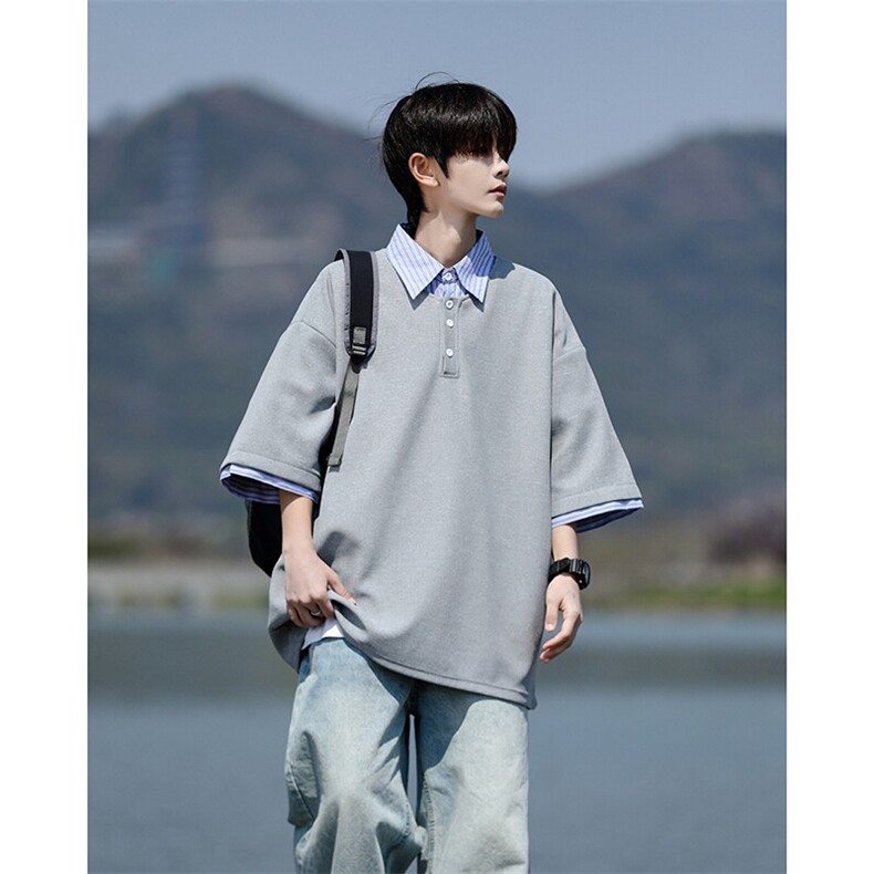 8XL-M假两件衬衫领短袖T恤大码夏季条纹拼接polo衫半袖DX1211/P45,男装T恤,电商B238