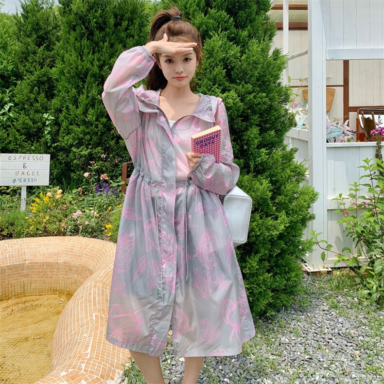 长款印花外套中长款夏季新款时尚连帽防晒衣服女182-8565P115K168,女装防晒衣,帛香坊