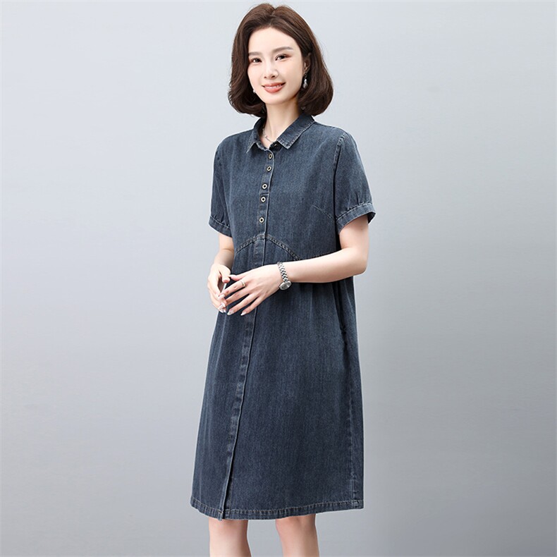 牛仔连衣裙女夏季2025新款宽松大码显瘦法式气质衬衫裙妈妈薄裙子,女装连衣裙,韩派