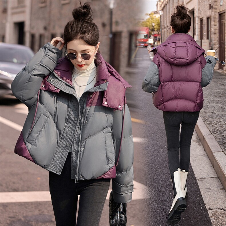 时尚撞色短款羽绒服女2024冬季新款加厚连帽保暖白鸭绒面包服外套,女装羽绒服,艾仟回(原伊仟回)