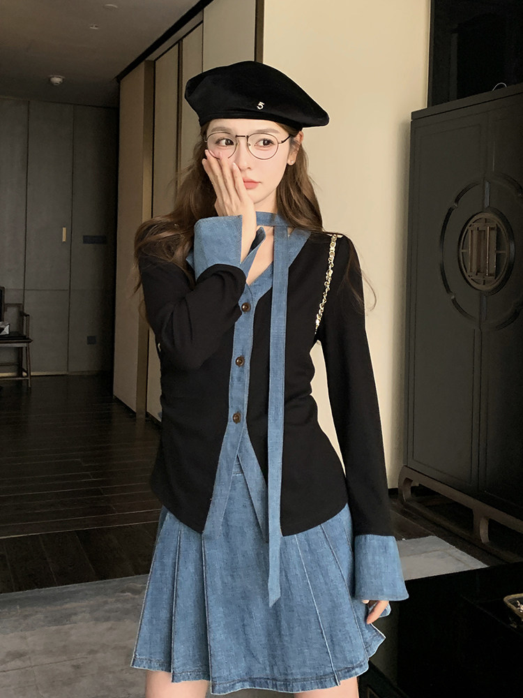 甜美牛仔拼接百褶短裙套装女春秋小个子两件套超火爆款高级感减龄,女装套装/套裙,浙宝276（原081）