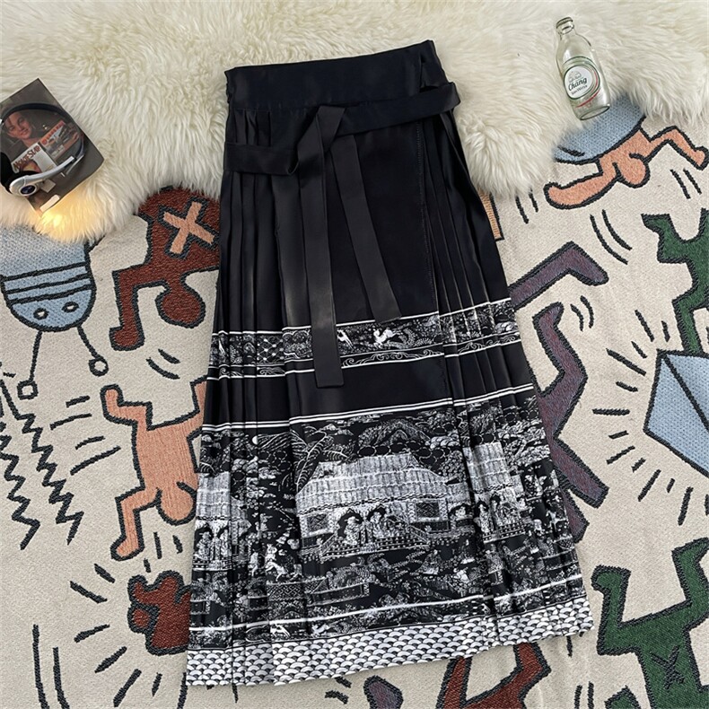 高品质夏款男女马面裙风褶皱图案印花民族服装Q108P65，女装半身裙，星座1013-1