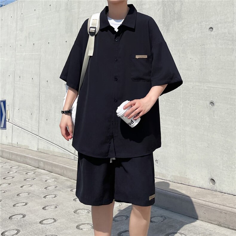 五分衬衫男士套装夏季短袖短裤宽松休闲穿搭男生假两件W5789-P56,男装休闲套装,星座412-3