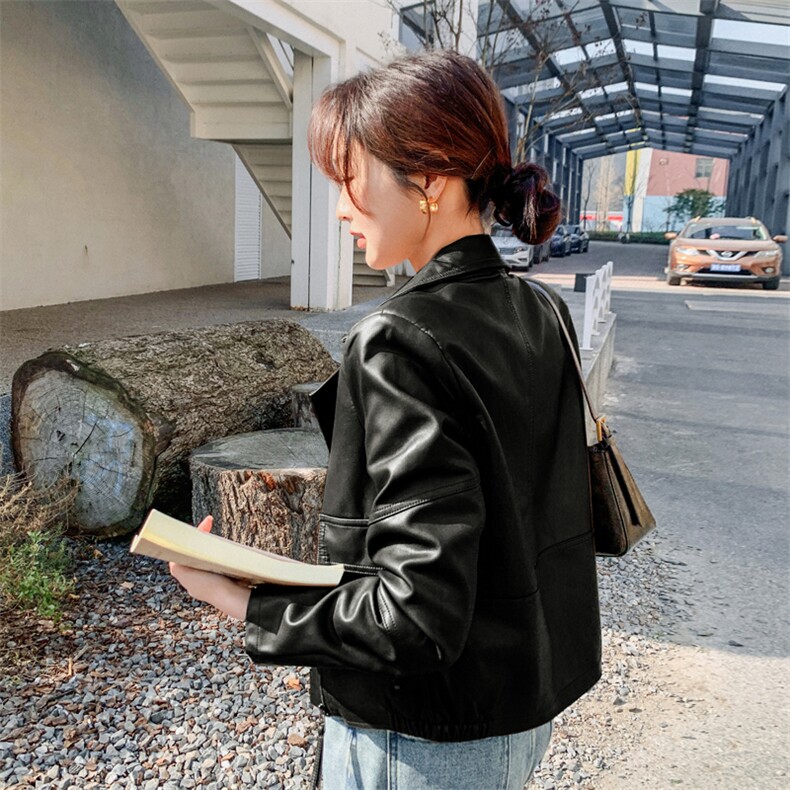 咖色酷飒机车风皮衣外套女2025年秋季新款小个子气质百搭PU皮夹克,女装皮衣,欣美人