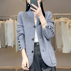 秋冬季100羊毛休闲气质通勤时尚个性袖口扣子开衫外套，女装羊毛衫，鸿陌羊绒