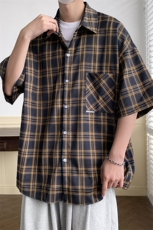 短袖衬衫男夏季新款港风宽松大码格子衬衣CS007-P38，男装衬衫，星座214-3
