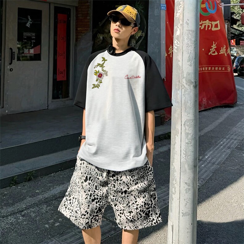 抖音得物高品质二开240克宽松纯棉美式潮牌插肩袖拼接短袖T恤，男装T恤，电商A486-1