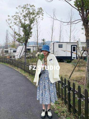 【春季新款】自制长款蓝花连衣裙，女装连衣裙，F/TU