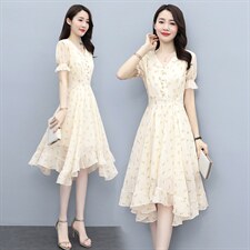 2021夏季新款时尚气质优雅V领不规则裙摆修身显瘦连衣裙，女装连衣裙，多彩