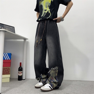 新中式小熊拼接牛仔裤男春夏潮牌痞帅直筒裤美式阔腿裤N9120-P45图片