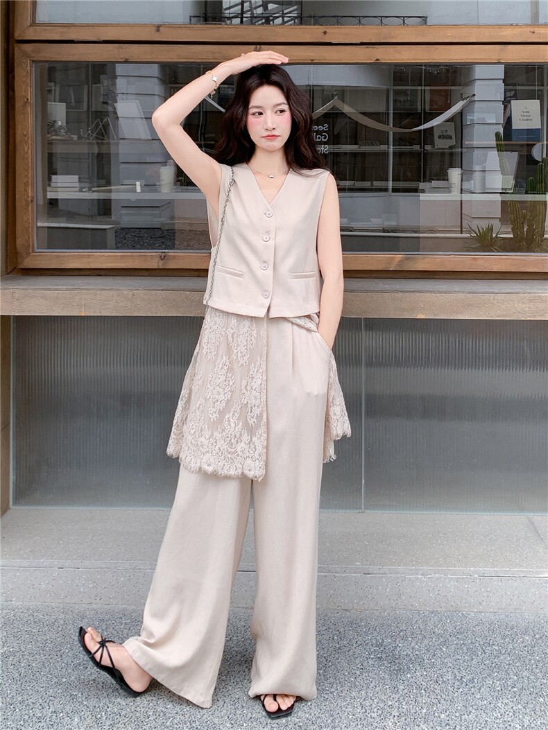 轻熟风气质套装女2026夏季拼蕾丝西装马甲显瘦阔腿裤两件套,女装套装/套裙,冬木谷雨