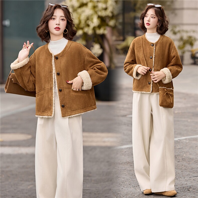 韩系高级感时尚百搭外套女2025冬季新款小个子皮毛一体羊羔毛，女装羊羔毛/颗粒绒，玖莱伊