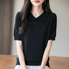 娃娃领甜美减龄短袖针织衫夏季新款宽松显瘦纯色洋气上衣遮肉短款，女装针织衫/毛衣，萱芳婷羊绒