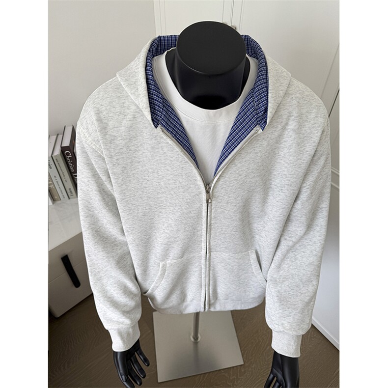 自制~现货高品质双面穿蓝格纹拉链卫衣外套WY973P75,女装短外套,星座908