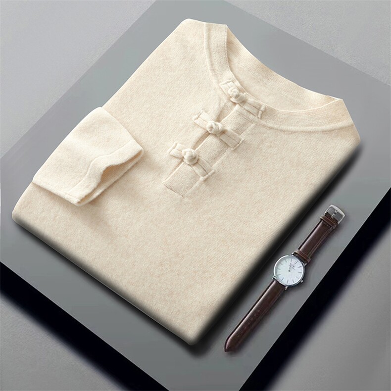 2024秋季男士新款纯色复古盘扣半开领套衫，男装羊毛衫，江杉羊绒