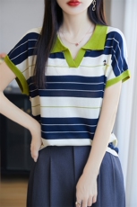 2025夏新款撞色条纹polo领针织冰丝小飞袖上衣女洋气短袖t恤小衫，女装针织衫/毛衣，唐诺