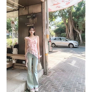 复古浅色蕾丝拼接微喇叭牛仔裤女秋季新款高腰修身弹力马蹄长裤子图片