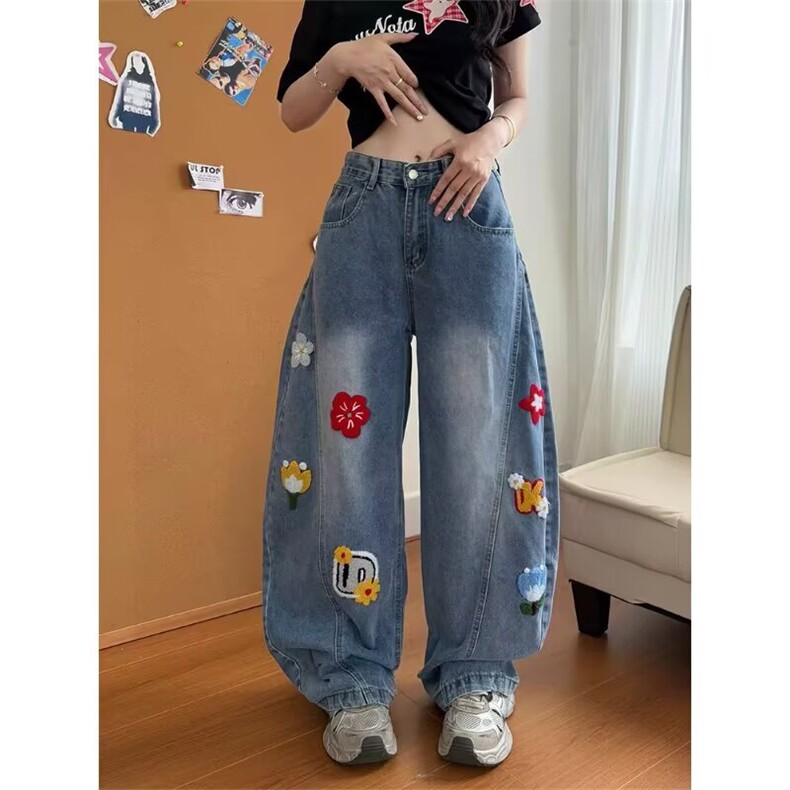 美式创意毛巾绣牛仔裤男女街头痞帅潮牌阔腿拖地长裤男LC0066-P59,男装牛仔裤,星座1008