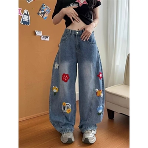 美式创意毛巾绣牛仔裤男女街头痞帅潮牌阔腿拖地长裤男LC0066-P59图片