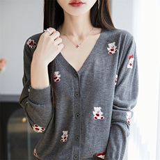 春季新款通勤简约舒适百搭提花针织开衫长袖，女装针织衫/毛衣，吉高羊绒