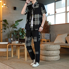 男士夏季冰丝短袖复古风唐装汉服中式居士服风套装HO6931-P65，男装T恤，星座1105-3